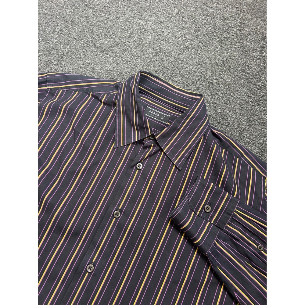 Prada Button Down Shirt Black Yellow Purple Striped Mens 41/16 Long Sleeve FLAWS